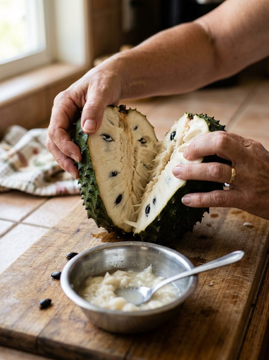 Hands opening a soursop