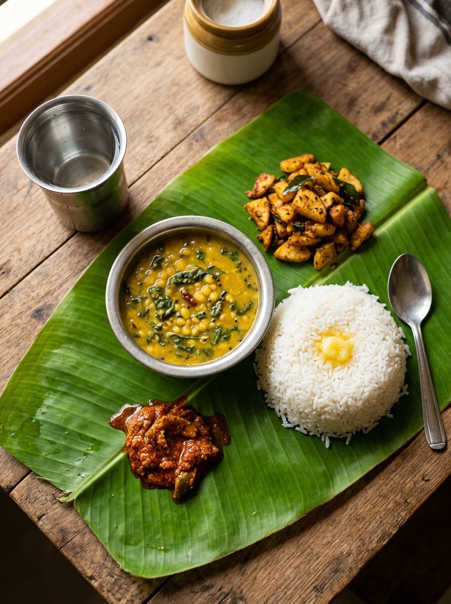 Thotakura pappu on a banana leaf